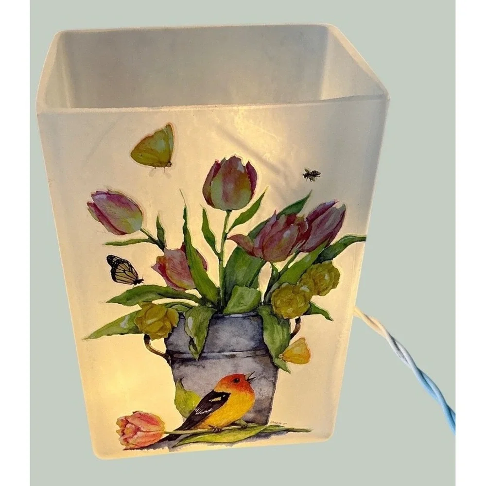 Stony Creek Glass Accent Light Barb Tourtillotte Tulips Bird Frosted Vase Lamp
